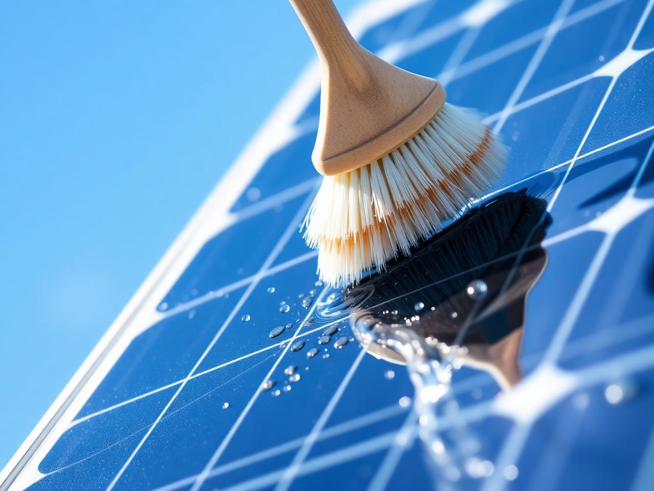 Soft brush gently cleaning a solar panel with purified water
